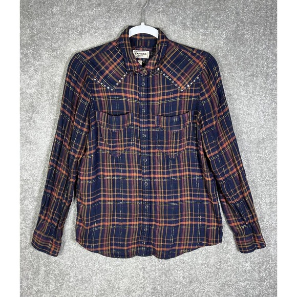 Express Boyfriend Plaid Metallic Long Sleeve Snap Front Shirt Womens Size Small - Picture 1 of 15